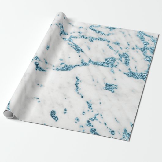 Wit Grijs Ocean Blue Glitter Carrara Marble Stone Cadeaupapier (Uitgerold)