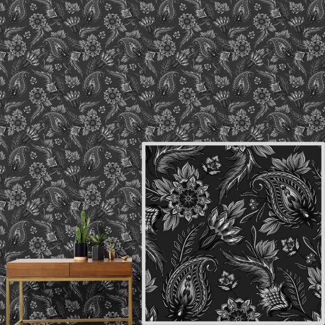 Wit Grijs op Zwart Bloemen Paisley Elegant Behang (Creator heeft geüpload)