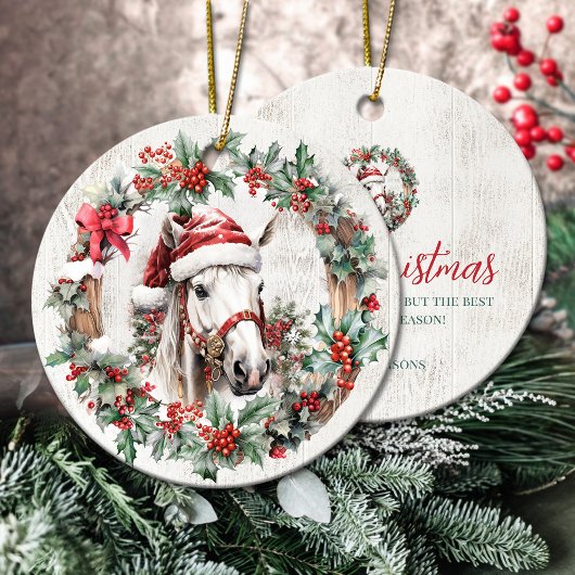 Wit grijs paard Kerstmis holly bessen krans hout Keramisch Ornament