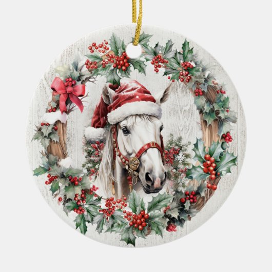 Wit grijs paard Kerstmis holly bessen krans hout Keramisch Ornament (Voorkant)