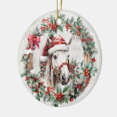 Wit grijs paard Kerstmis holly bessen krans hout Keramisch Ornament (Links)
