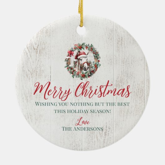 Wit grijs paard Kerstmis holly bessen krans hout Keramisch Ornament (Achterkant)