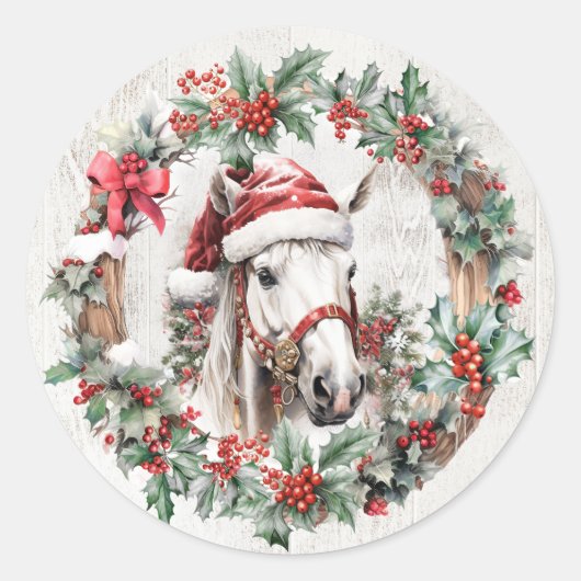 Wit grijs paard Kerstmis holly bessen krans hout Ronde Sticker (Voorkant)