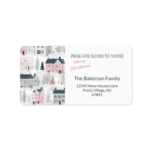 Wit, grijs, roze vintage kersthuizen label (Voorkant)
