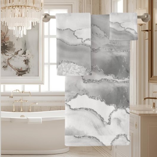 Wit Grijs Zilver Glitter Agate Elegant Bad Handdoek