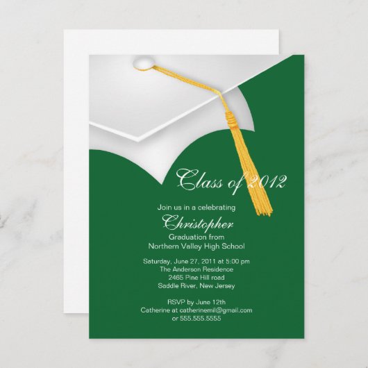 Wit Groen Afstudeerder Pet Graduation Party Invita Uitnodiging Briefkaart (Voorkant / Achterkant)