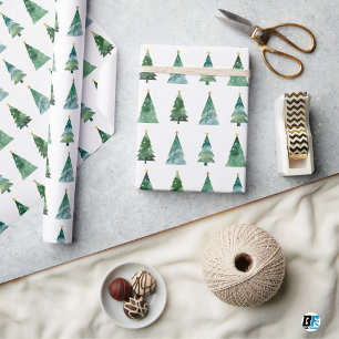 Wit Groen Aquarel Festive Winterboom Kerstmis Cadeaupapier