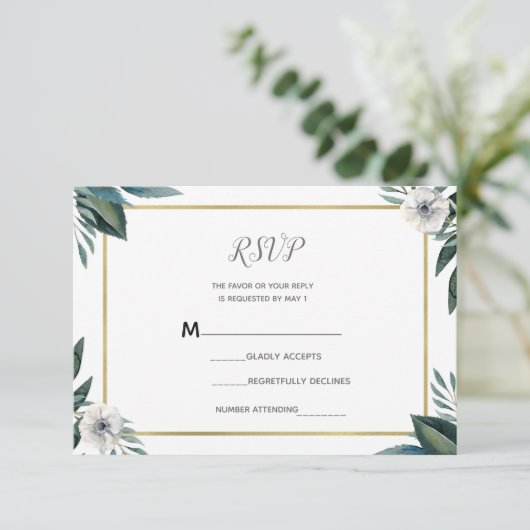 Wit Groen Bladeren Anemoon Bloemen RSVP Reageer (Staand voorkant)