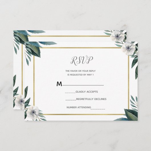 Wit Groen Bladeren Anemoon Bloemen RSVP Reageer (Voorkant / Achterkant)