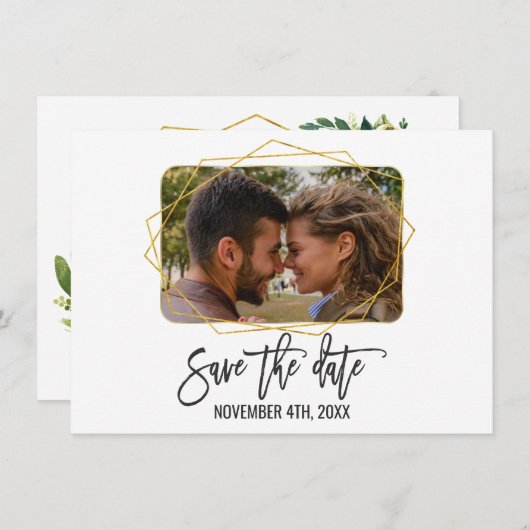 Wit Groen Bloemen Goud Lijst Foto Opslaan De Datum Save The Date (Voorkant / Achterkant)