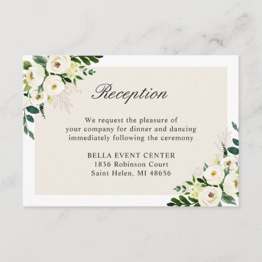 Wit Groen Bloemen Trouwdetails Receptie Informatiekaartje (Voorkant)