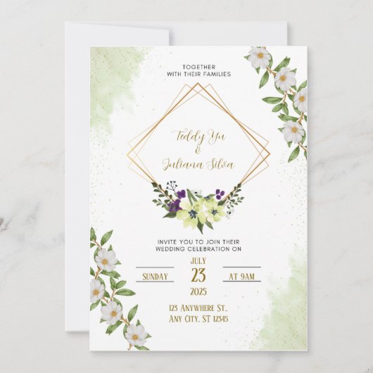 Wit Groen Bloemen Waterverf bruiloft Kaart (Voorkant)