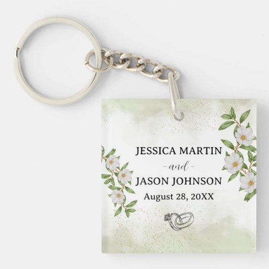 Wit Groen Bloemen Waterverf bruiloft Sleutelhanger (voorkant)