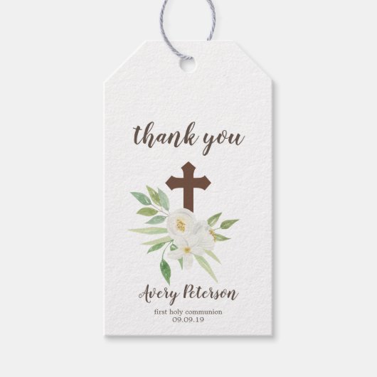 Wit & Groen Bloemenkruis Eerste Heilige Communie Cadeaulabel (Voorkant)