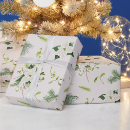 Wit Groen Bloemillustratie Kerstmis Cadeaupapier