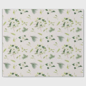 Wit Groen Bloemillustratie Kerstmis Cadeaupapier (Vlak)