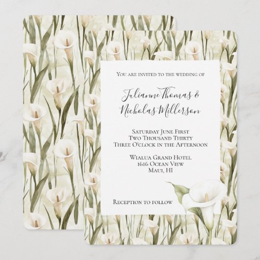 Wit Groen Calla Lily Floral Wedding Kaart (Voorkant / Achterkant)