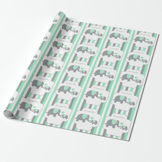 Wit, groen en grijs Baby shower van olifanten Cadeaupapier (Uitgerold)