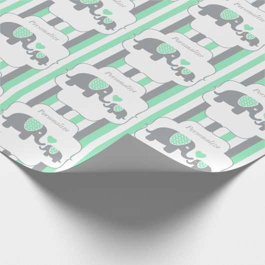 Wit, groen en grijs Baby shower van olifanten Cadeaupapier (Hoek)