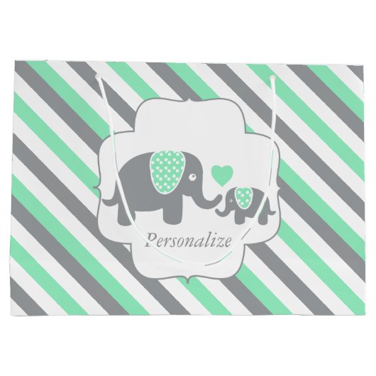 Wit, groen en grijs Baby shower van olifanten Large Cadeautasje (Achterkant)