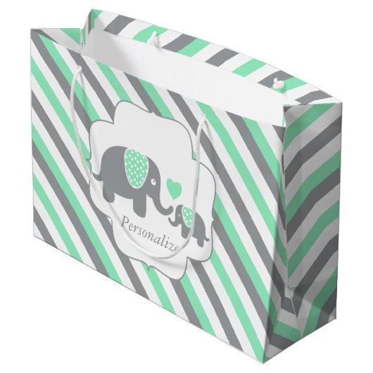 Wit, groen en grijs Baby shower van olifanten Large Cadeautasje (Achterkant Gekanteld)
