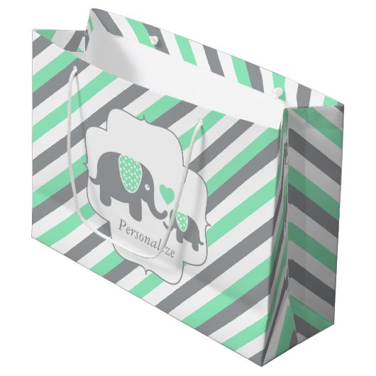 Wit, groen en grijs Baby shower van olifanten Large Cadeautasje (Voorkant Gekanteld)