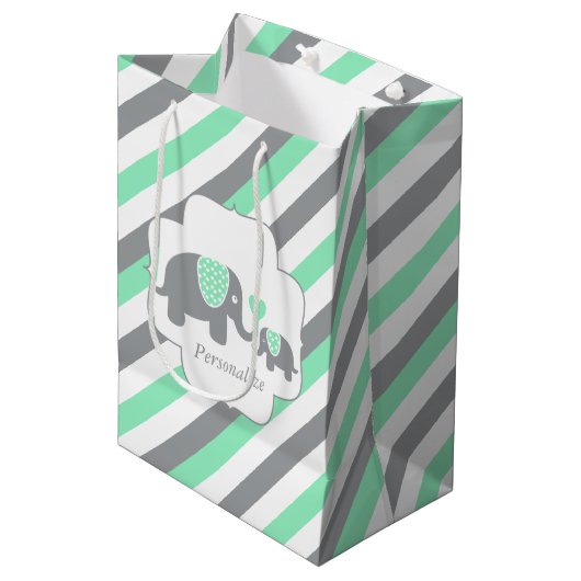 Wit, groen en grijs Baby shower van olifanten Medium Cadeauzakje (Voorkant Gekanteld)