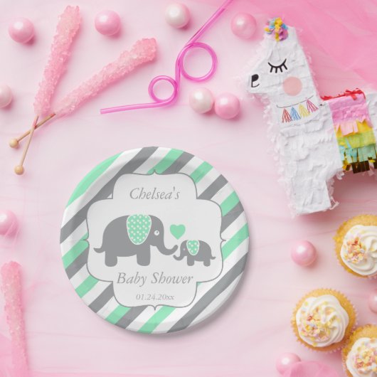 Wit, groen en grijs Baby shower van olifanten Papieren Bordje (Feest)