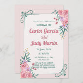 Wit groen en roze waterverf bruiloft kaart (Voorkant / Achterkant)