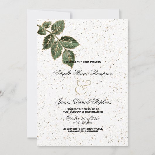 Wit groen goud glitter blad confetti bruiloft kaart (Voorkant)