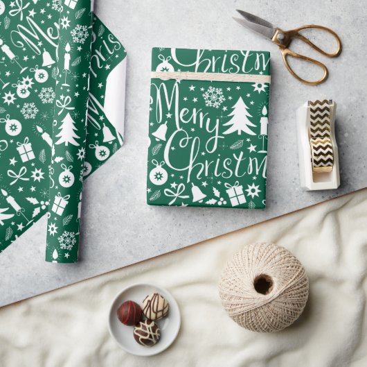 Wit Groen Kerstthema Patroon Cadeaupapier (Crafts)