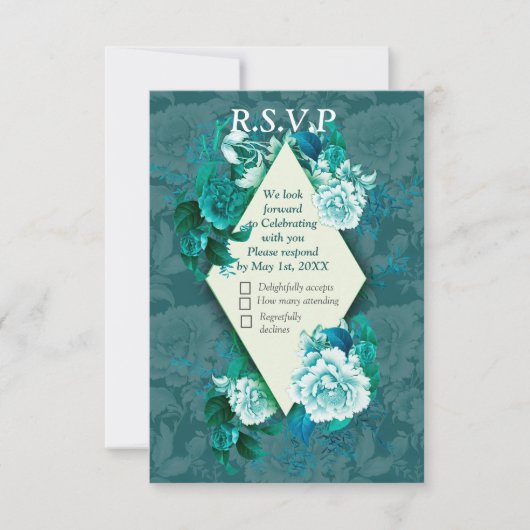 Wit/Groen Roos Bloemen op Groen patroonpapier RSVP Kaartje (Voorkant)