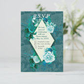 Wit/Groen Roos Bloemen op Groen patroonpapier RSVP Kaartje (Staand voorkant)