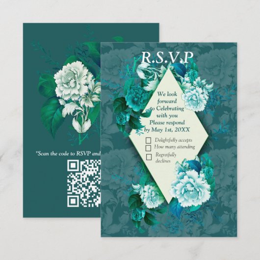 Wit/Groen Roos Bloemen op Groen patroonpapier RSVP Kaartje (Voorkant / Achterkant)
