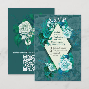 Wit/Groen Roos Bloemen op Groen patroonpapier RSVP Kaartje