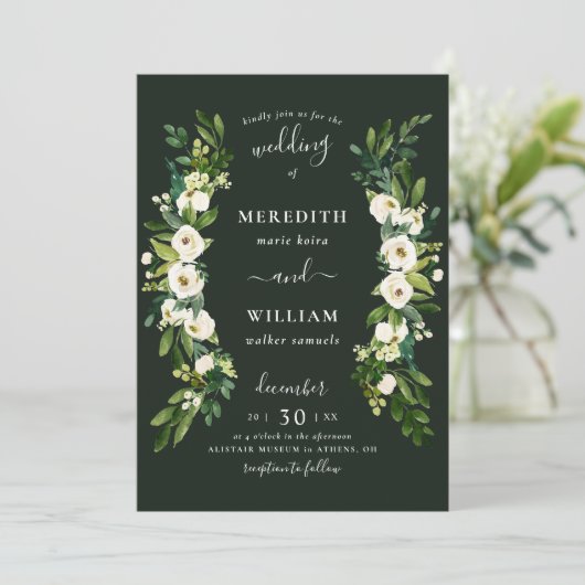 Wit Groen Roos Tuin bruiloft Kaart (Staand voorkant)