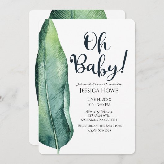 Wit & Groen Tropical Leaf Classy Oh Baby shower Kaart (Voorkant / Achterkant)