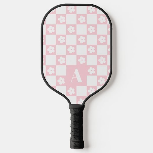 Wit Groovy Daisy Checkerboard Retro Monogram Pickleball Paddle (Voorkant)