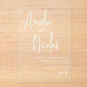 Wit handgeschreven script minimalistische bruiloft acryl uitnodigingen (Voorkant)