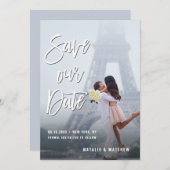 Wit handgeschreven script onze datumfotokaart opsl save the date (Voorkant / Achterkant)