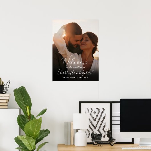 Wit Handtekening Script Foto Bruiloft Welkomstbord Poster (Thuiskantoor)