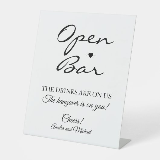 Wit Handtekening Script Open Bar Bruiloft Reclamebord Met Voetstuk (Voorkant)