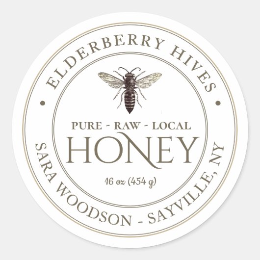 Wit honingetiket met koningin ronde sticker (Voorkant)