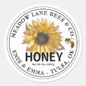 Wit honingetiket met zonnebloem en honingbijen ronde sticker (Voorkant)