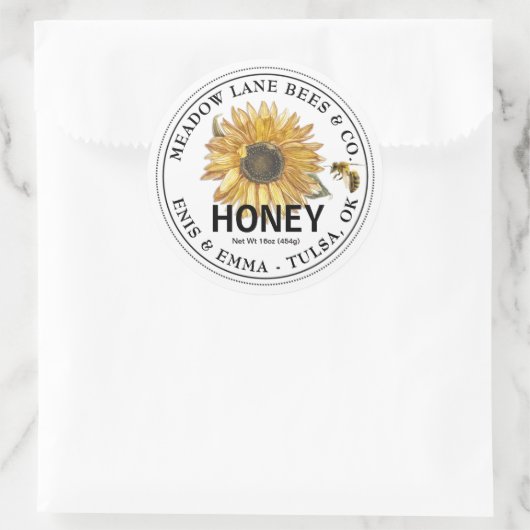 Wit honingetiket met zonnebloem en honingbijen ronde sticker (Tas)