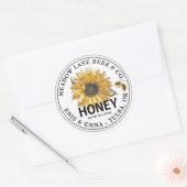 Wit honingetiket met zonnebloem en honingbijen ronde sticker (Envelop)