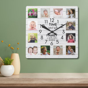 Wit hout 12 foto collage Familietijd citaat Vierkante Klok