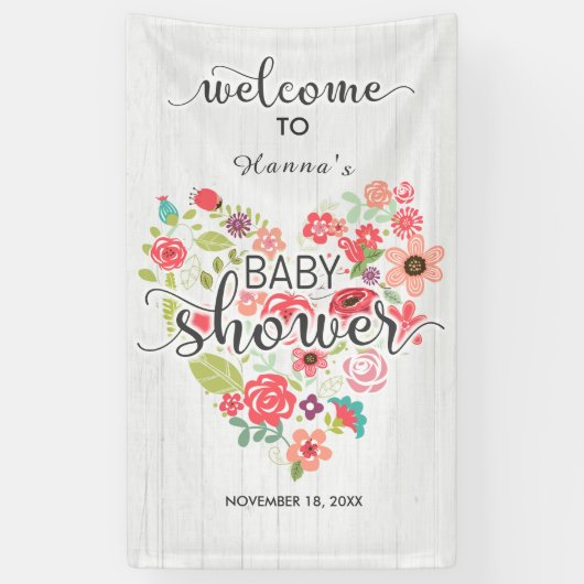 Wit Hout Bloemen Hart Meisje Baby shower Welkom Spandoek (Verticaal)