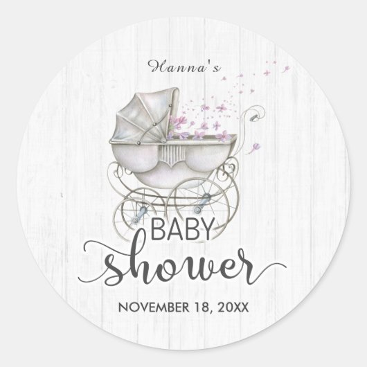 Wit Hout &  Carriage Meisje Baby shower Ronde Sticker (Voorkant)