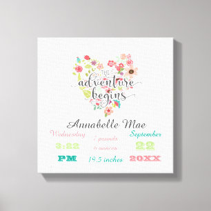Wit Hout Chique Bloemen Hart Baby Meisje Geboorte  Canvas Afdruk